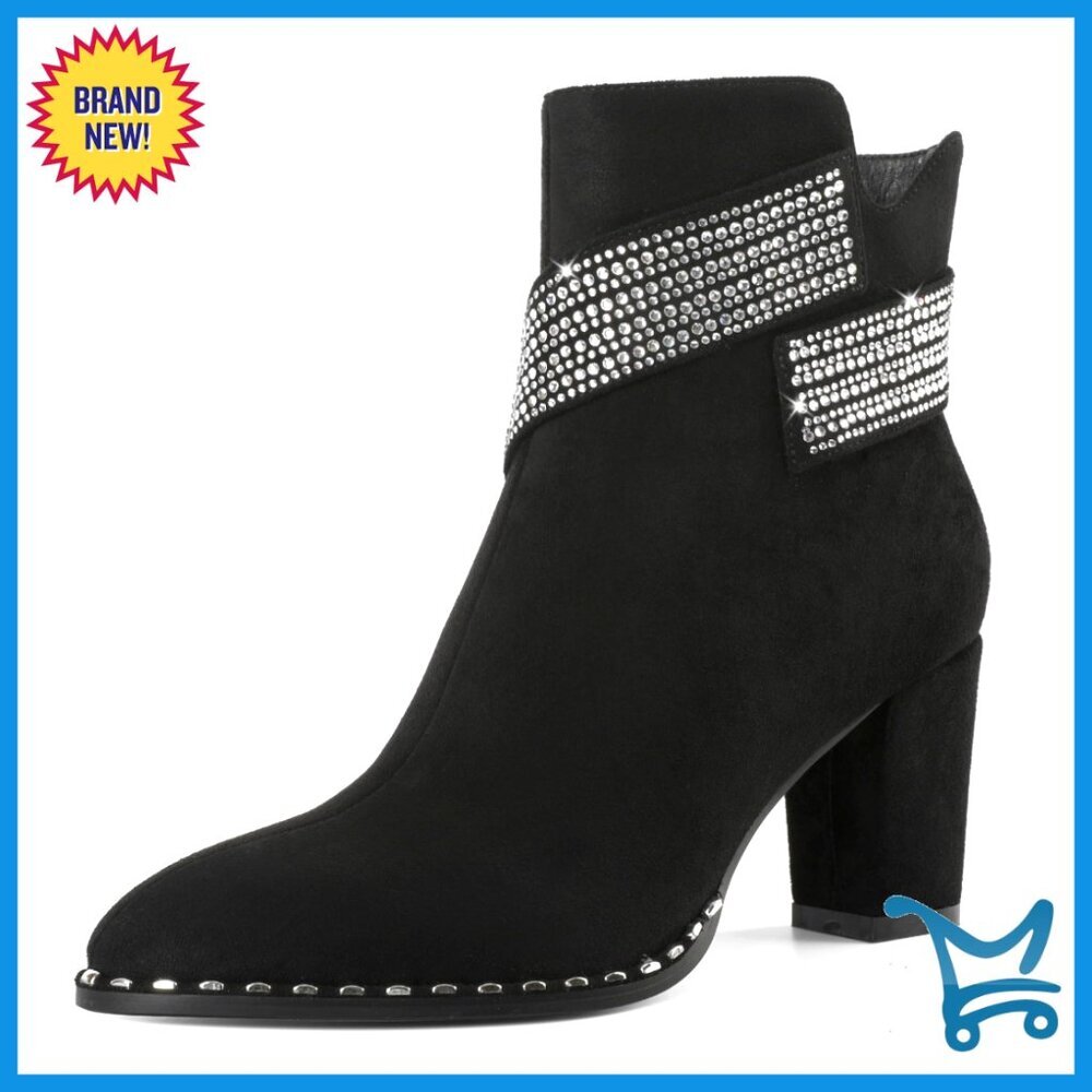 Chunky Heel Ankle Boots with Rhinestone Strap Side Zipper 3 Inch Heel